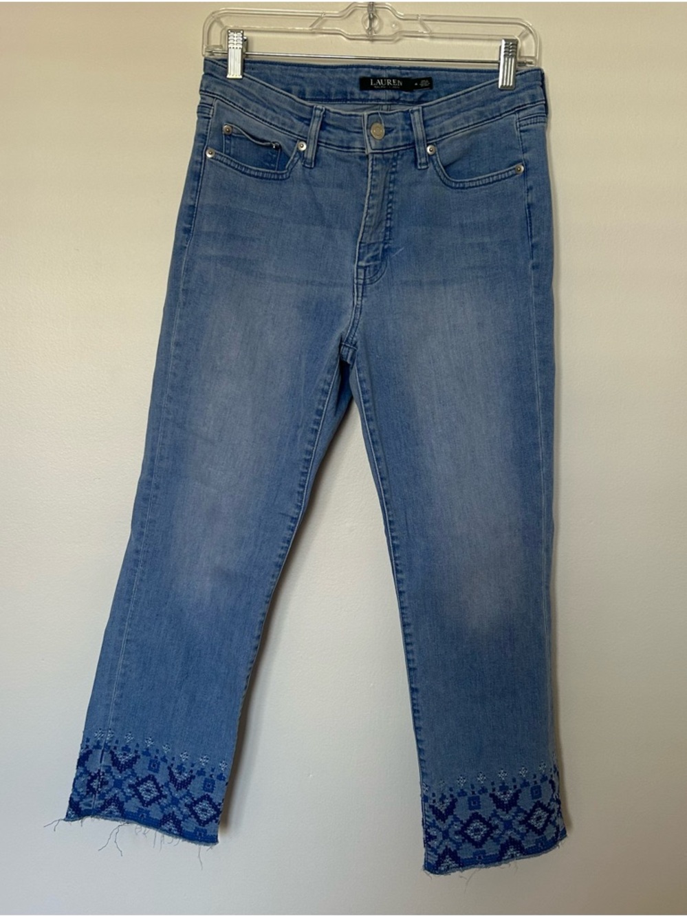 Lauren Ralph Lauren Light Blue Cropped Jeans with Embroidered Hem